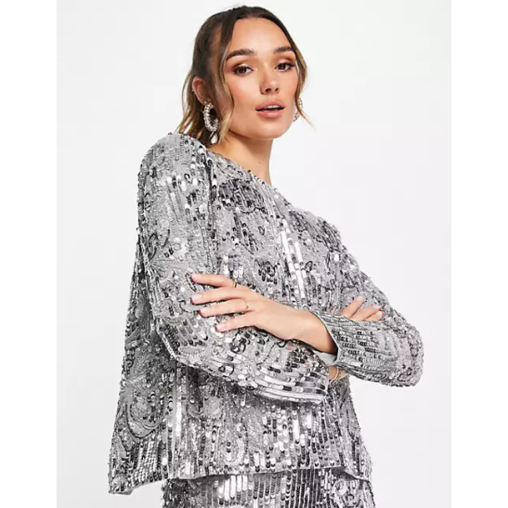 ASOS EDITION Mirrored Cat Sequin Split Back Top Silver Size 6 Long Sleeve NWT